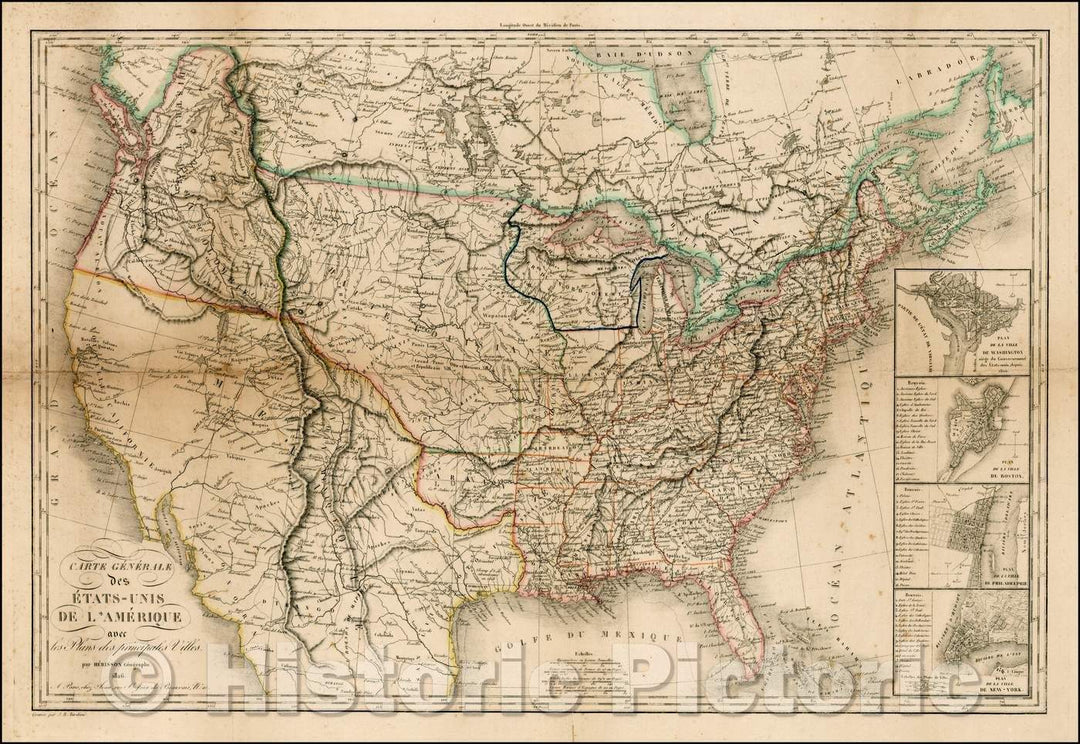 Historic Map - Etats-Unis De L'Amerique avec les Plans des principales :: Carte Generale From the United States Of America with maps of the main citi, 1826 - Vintage Wall Art