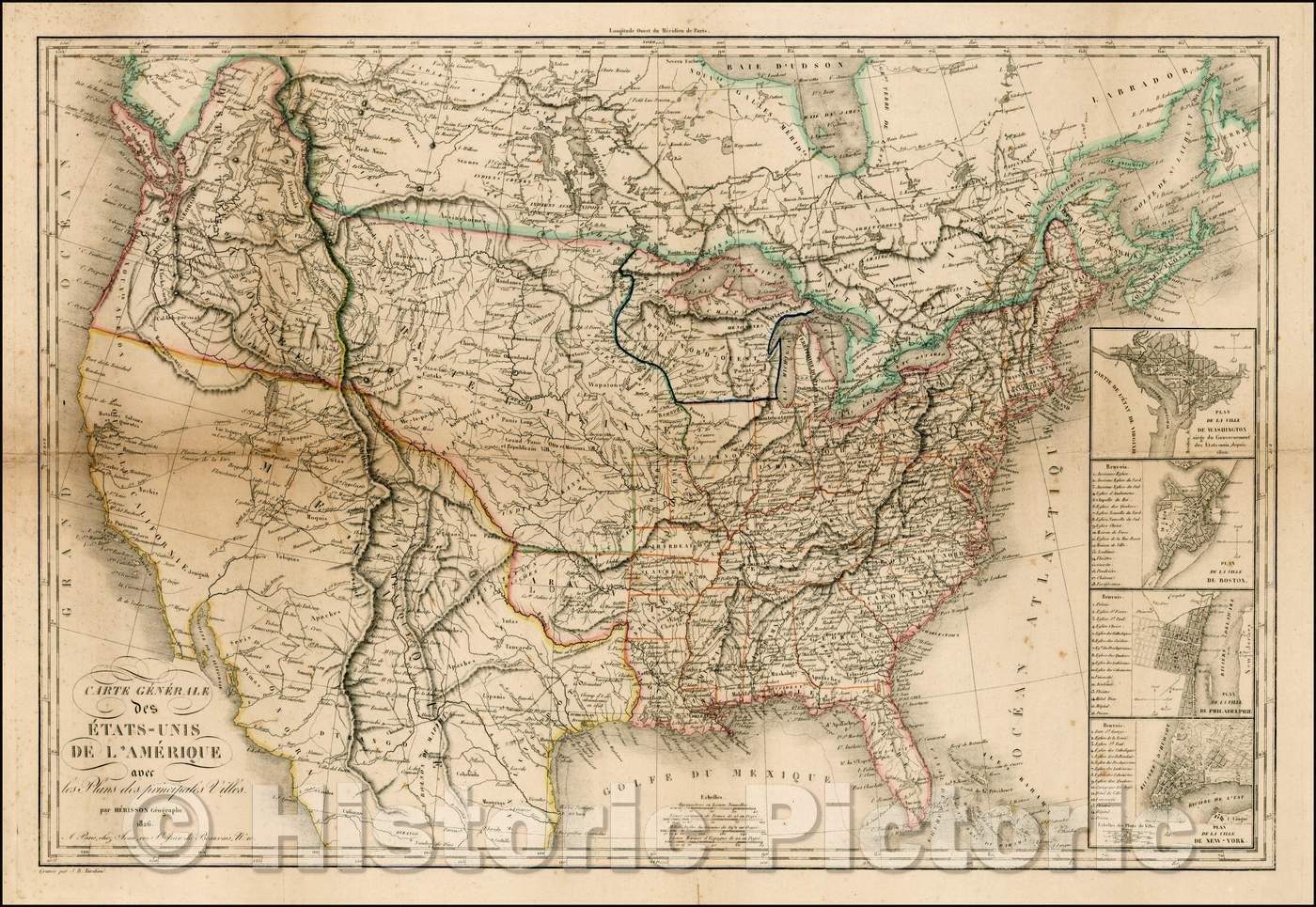 Historic Map - Etats-Unis De L'Amerique avec les Plans des principales :: Carte Generale From the United States Of America with maps of the main citi, 1826 - Vintage Wall Art