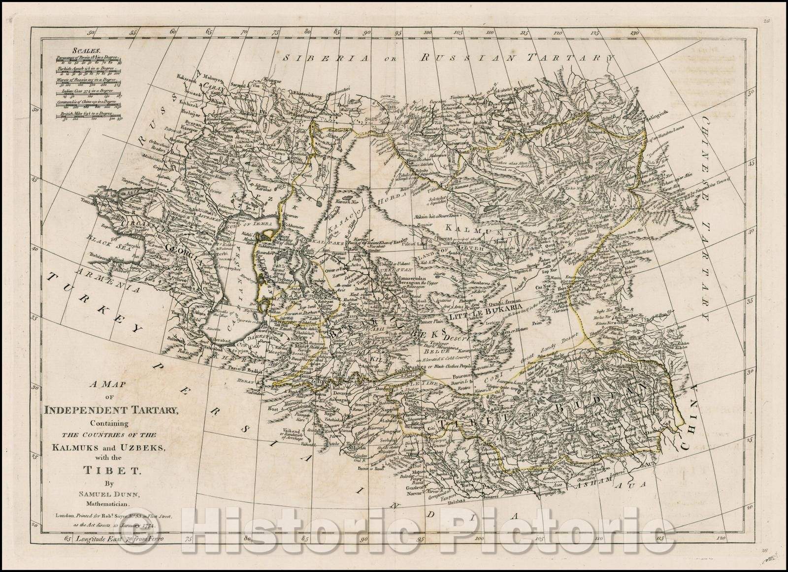 Historic Map - A Map of Independent Tartary, Containing The Countries of the Kamuks and Uzbeks, with the Tibet, 1774, Samuel Dunn - Vintage Wall Art
