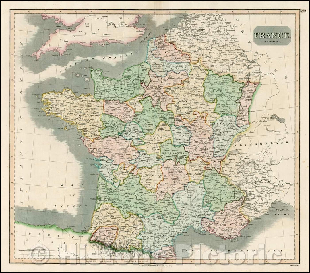 Historic Map - France in Provinces, 1815, John Thomson - Vintage Wall Art