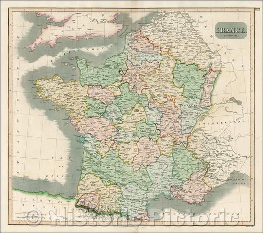 Historic Map - France in Provinces, 1815, John Thomson - Vintage Wall Art