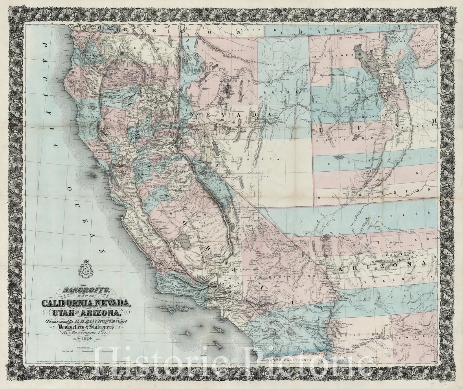 California, Nevada, Utah, Arizona 1864 - Bancroft's Historical Map Print