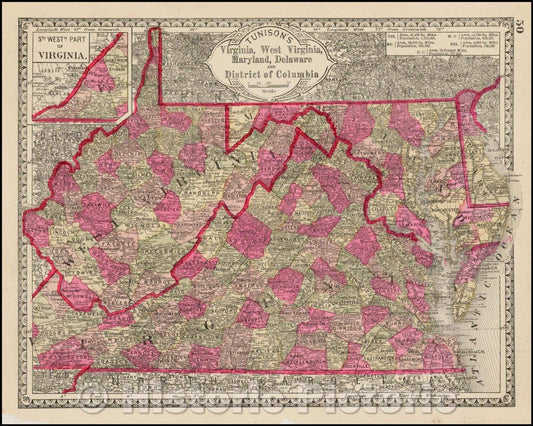 Historic Map - Tunison's Virginia, West Virginia, Maryland, Delaware and District of Columbia, 1883, H.C. Tunison - Vintage Wall Art