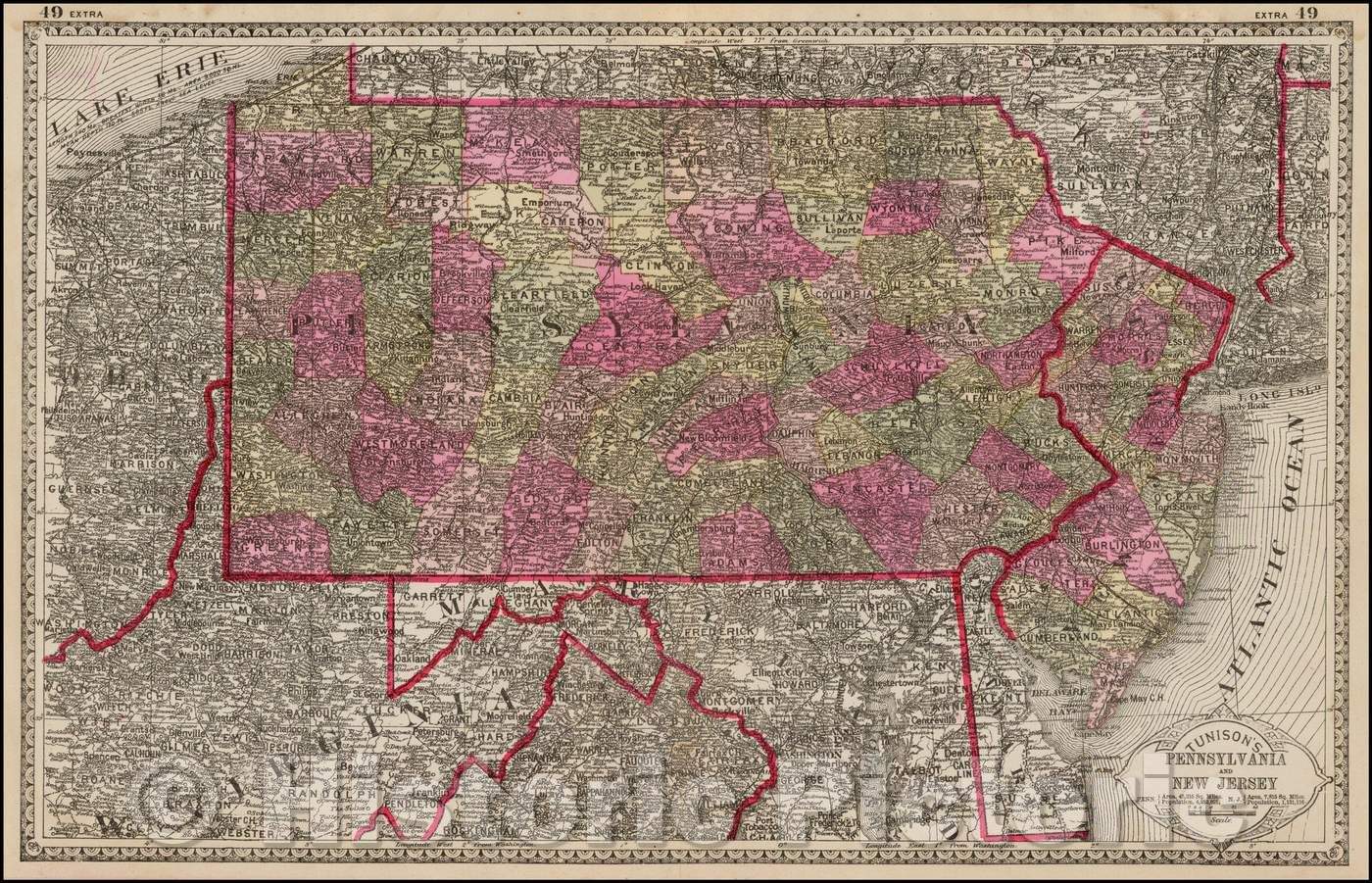 Historic Map - Tunison's Pennsylvania and New Jersey, 1883, H.C. Tunison - Vintage Wall Art