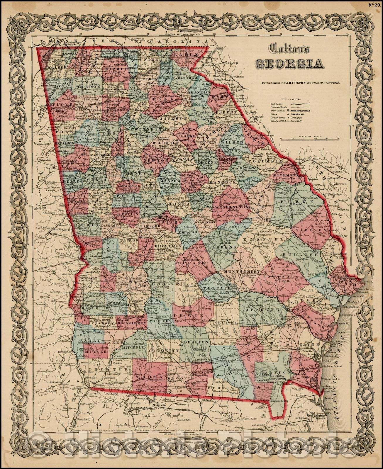 Historic Map - Georgia, 1857, Joseph Hutchins Colton - Vintage Wall Art