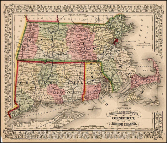 Historic Map - County Map of Massachusetts, Connecticut, and Rhode Island, 1866, Samuel Augustus Mitchell Jr. v1