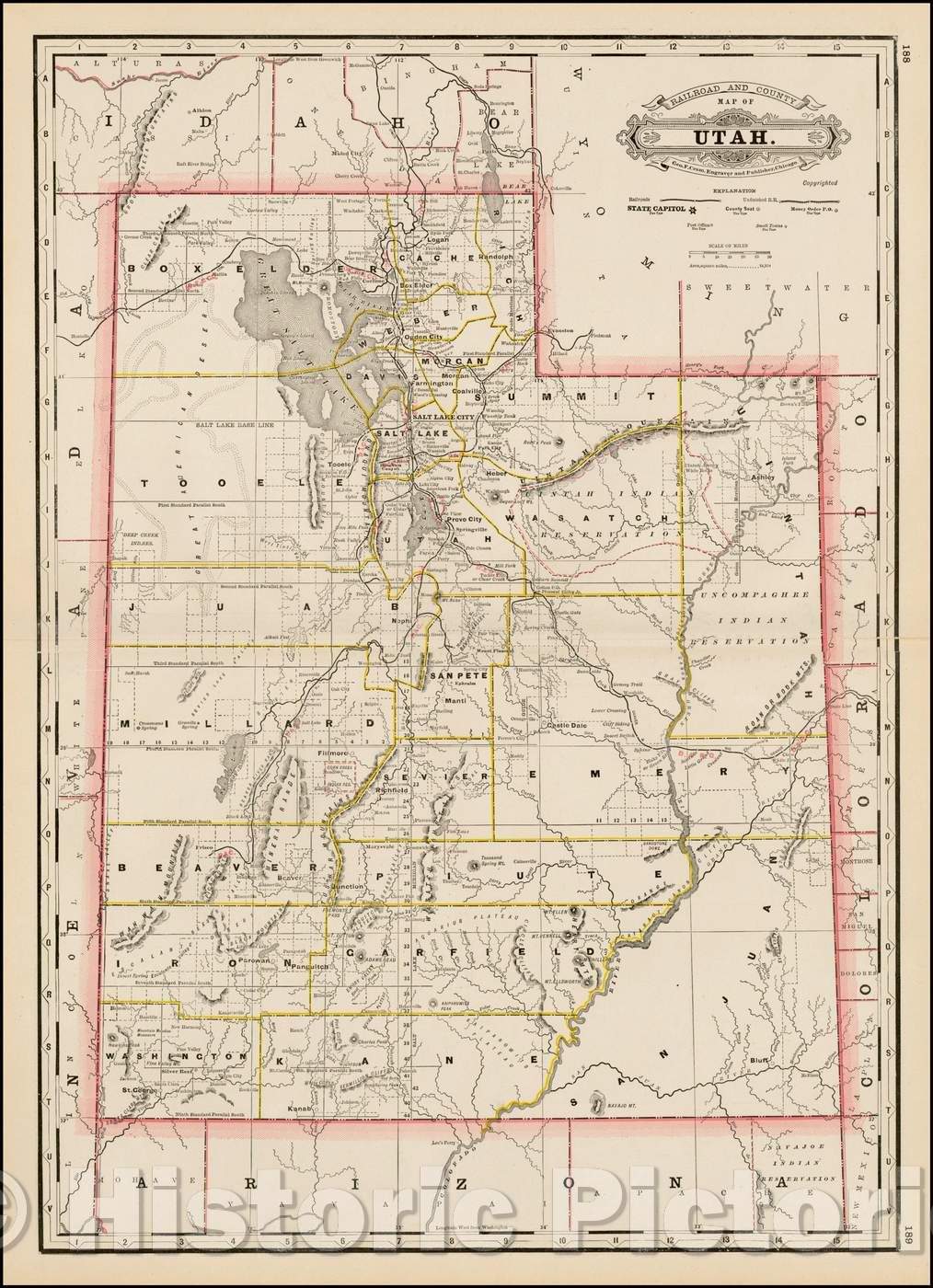 Historic Map - Railroad and County Map of Utah, 1887, George F. Cram - Vintage Wall Art