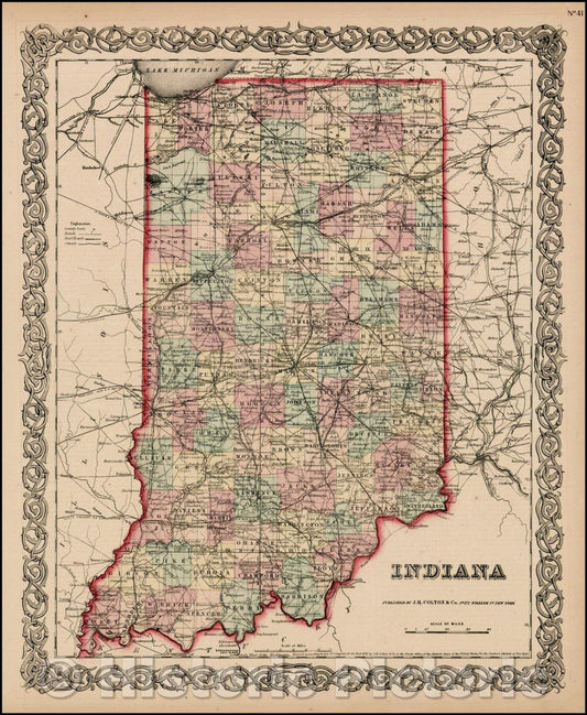 Historic Map - Indiana, 1855, Joseph Hutchins Colton - Vintage Wall Art