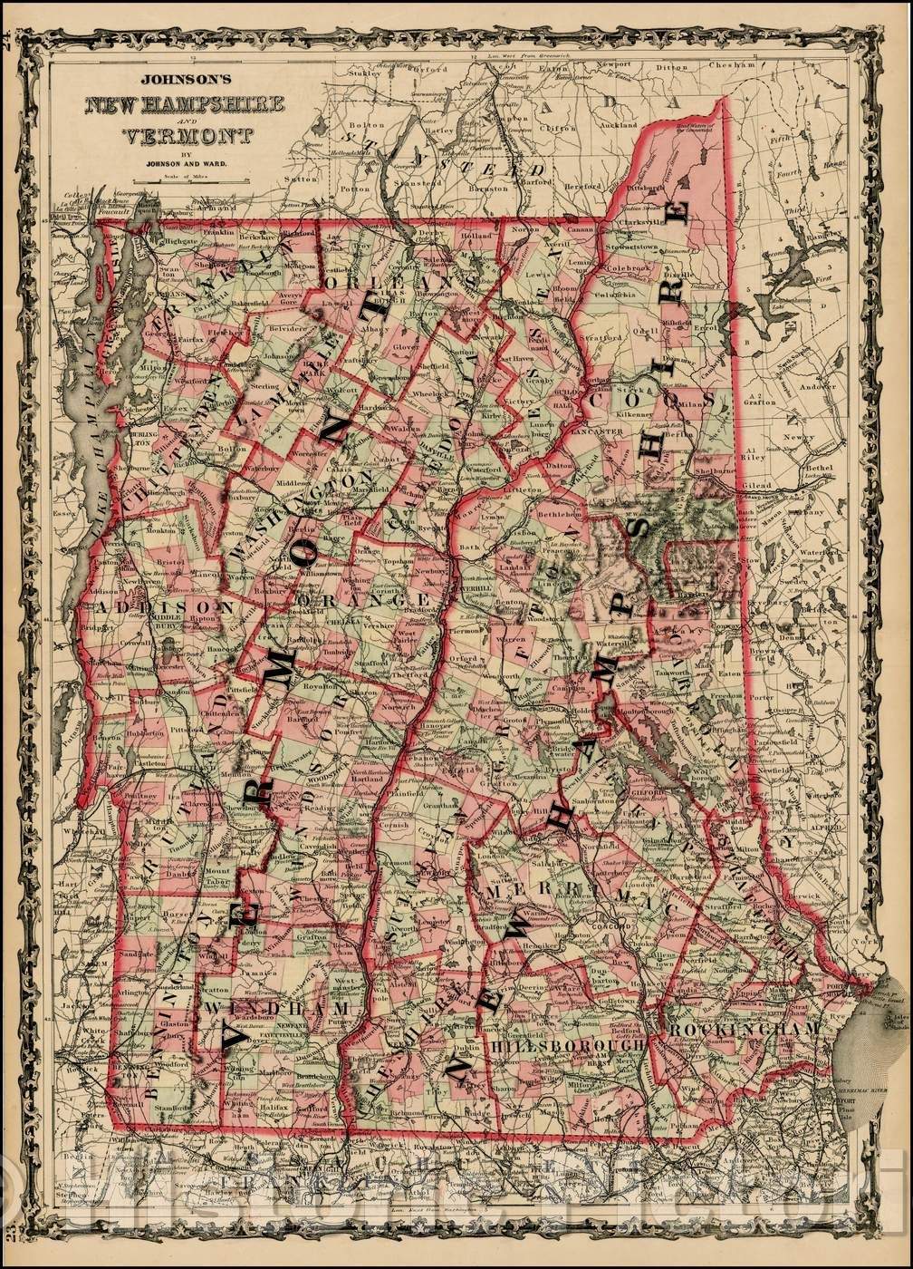 Historic Map - Johnson's New Hampshire and Vermont, 1862, Benjamin Ward - Vintage Wall Art