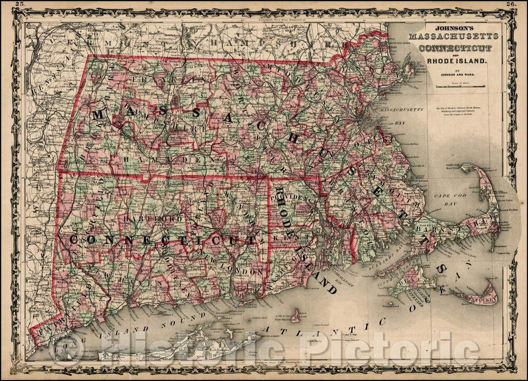 Historic Map - Johnson's Massachusetts Connecticut and Rhode Island, 1862, Benjamin Ward - Vintage Wall Art