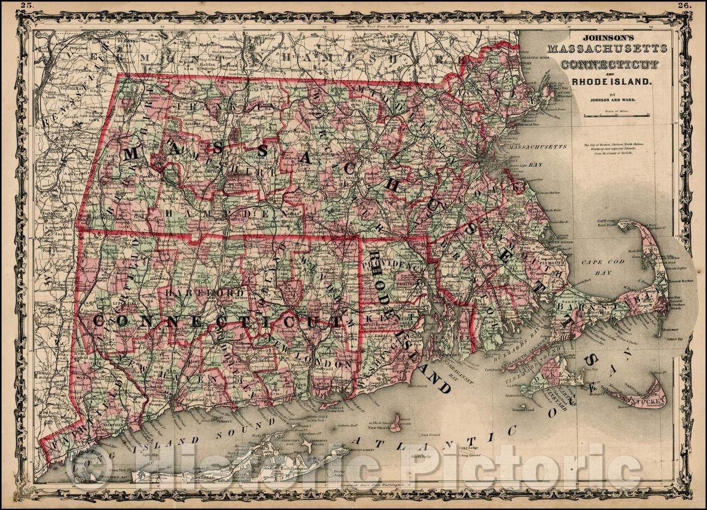 Historic Map - Johnson's Massachusetts Connecticut and Rhode Island, 1862, Benjamin Ward - Vintage Wall Art