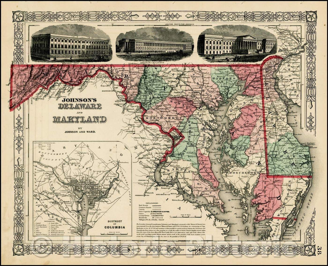 Historic Map - Johnson's Delaware and Maryland [Inset map of Washington DC], 1865, Benjamin Ward - Vintage Wall Art