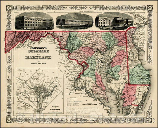 Historic Map - Johnson's Delaware and Maryland [Inset map of Washington DC], 1865, Benjamin Ward - Vintage Wall Art