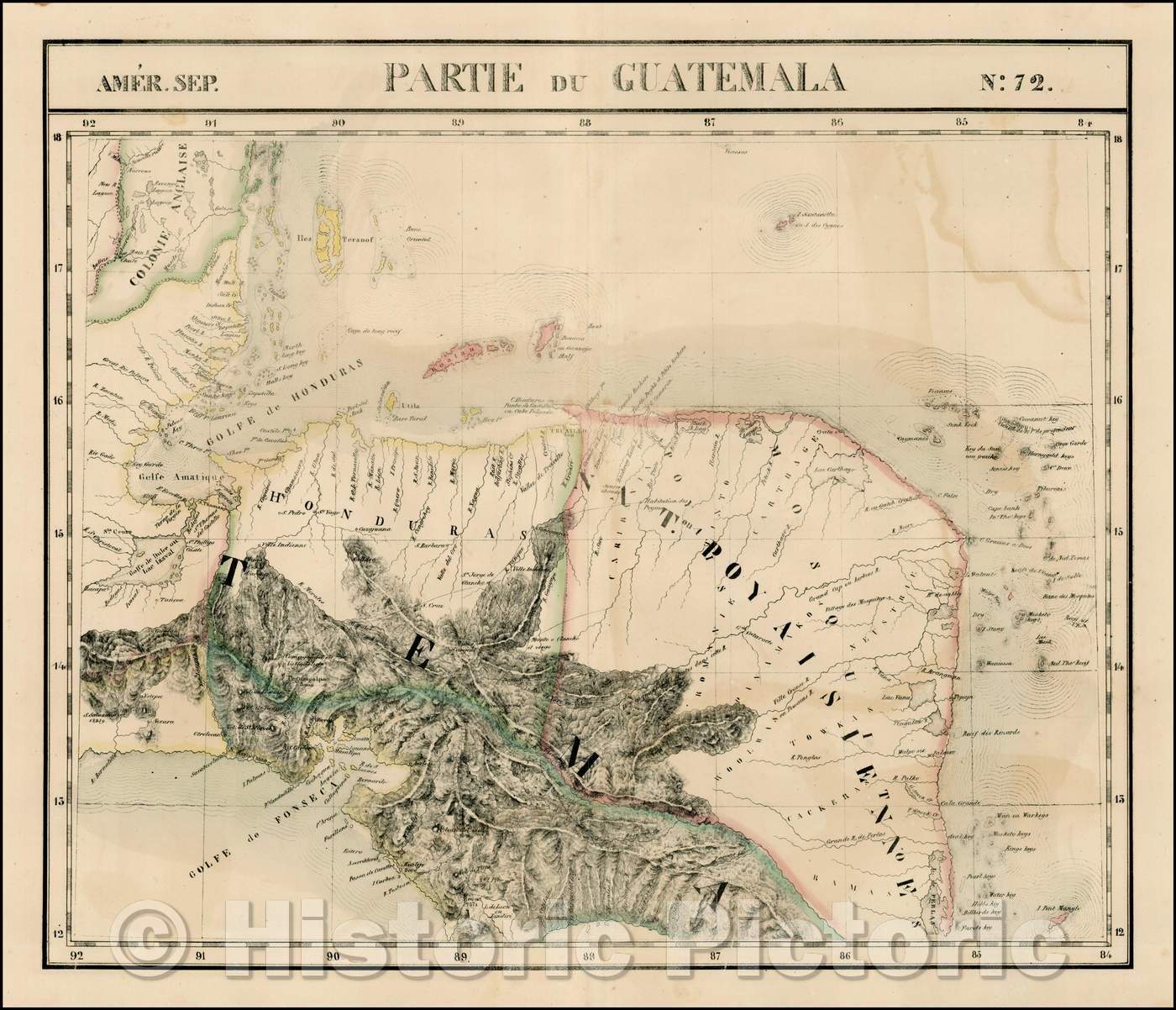 Historic Map - Amer. Sep. No. 72. Partie Du Guatemala/Regional Map of the area extending from the southern part of the Yucatan, 1825 - Vintage Wall Art