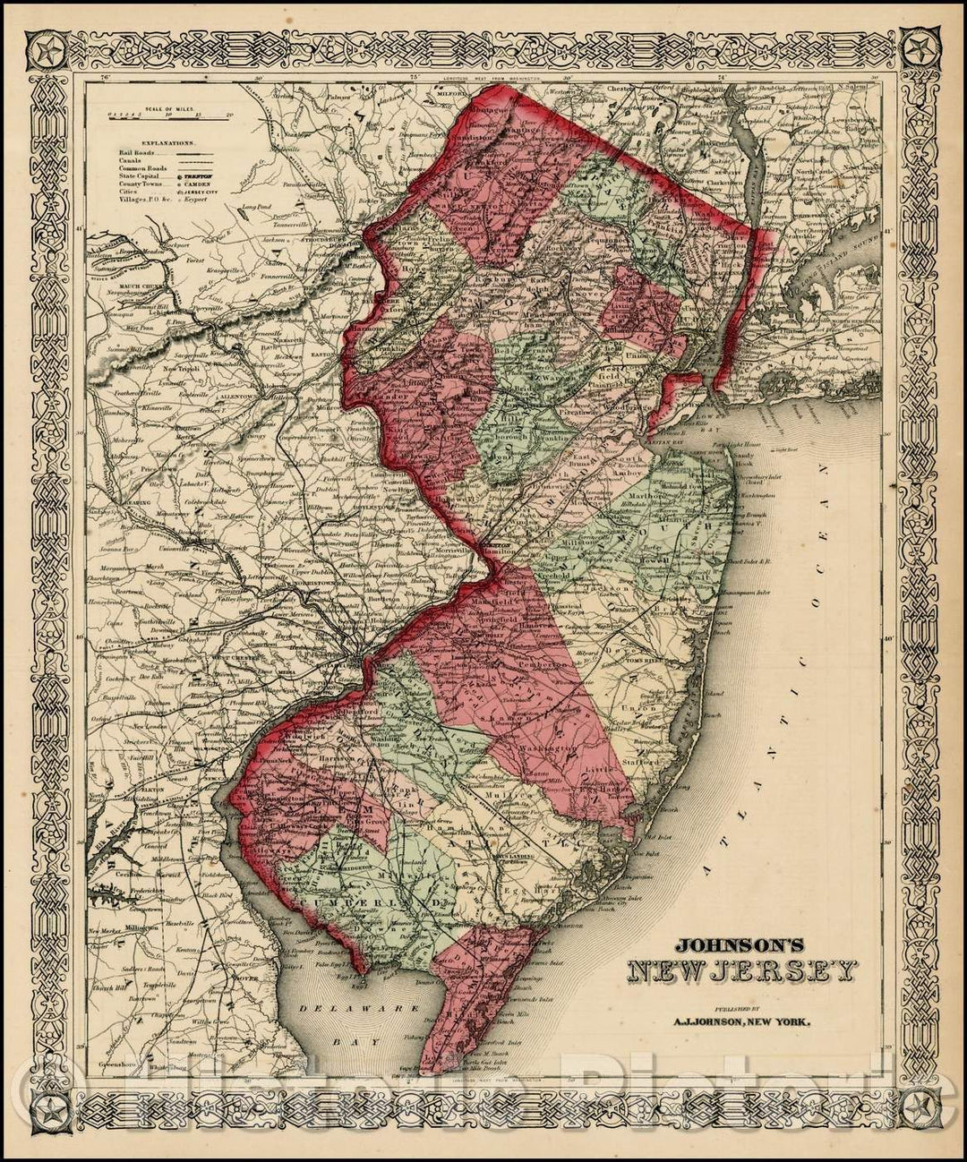 Historic Map - Johnson's New Jersey, 1865, Benjamin Ward - Vintage Wall Art