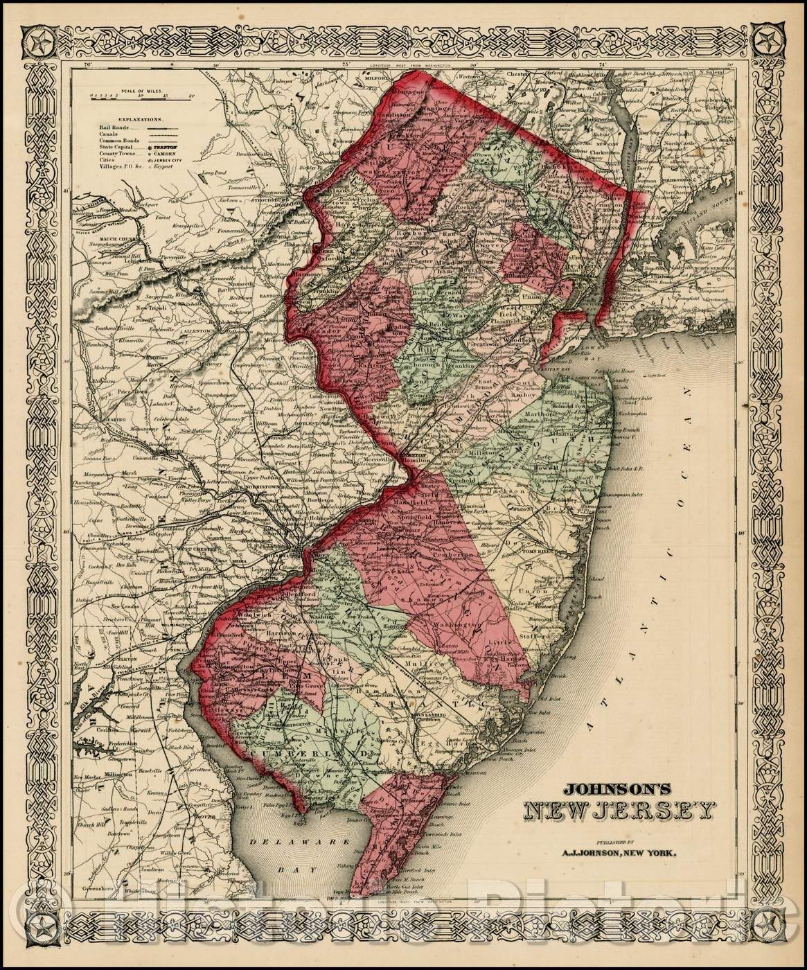 Historic Map - Johnson's New Jersey, 1865, Benjamin Ward - Vintage Wall Art