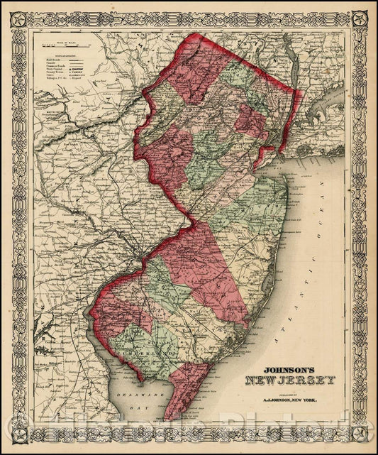 Historic Map - Johnson's New Jersey, 1865, Benjamin Ward - Vintage Wall Art