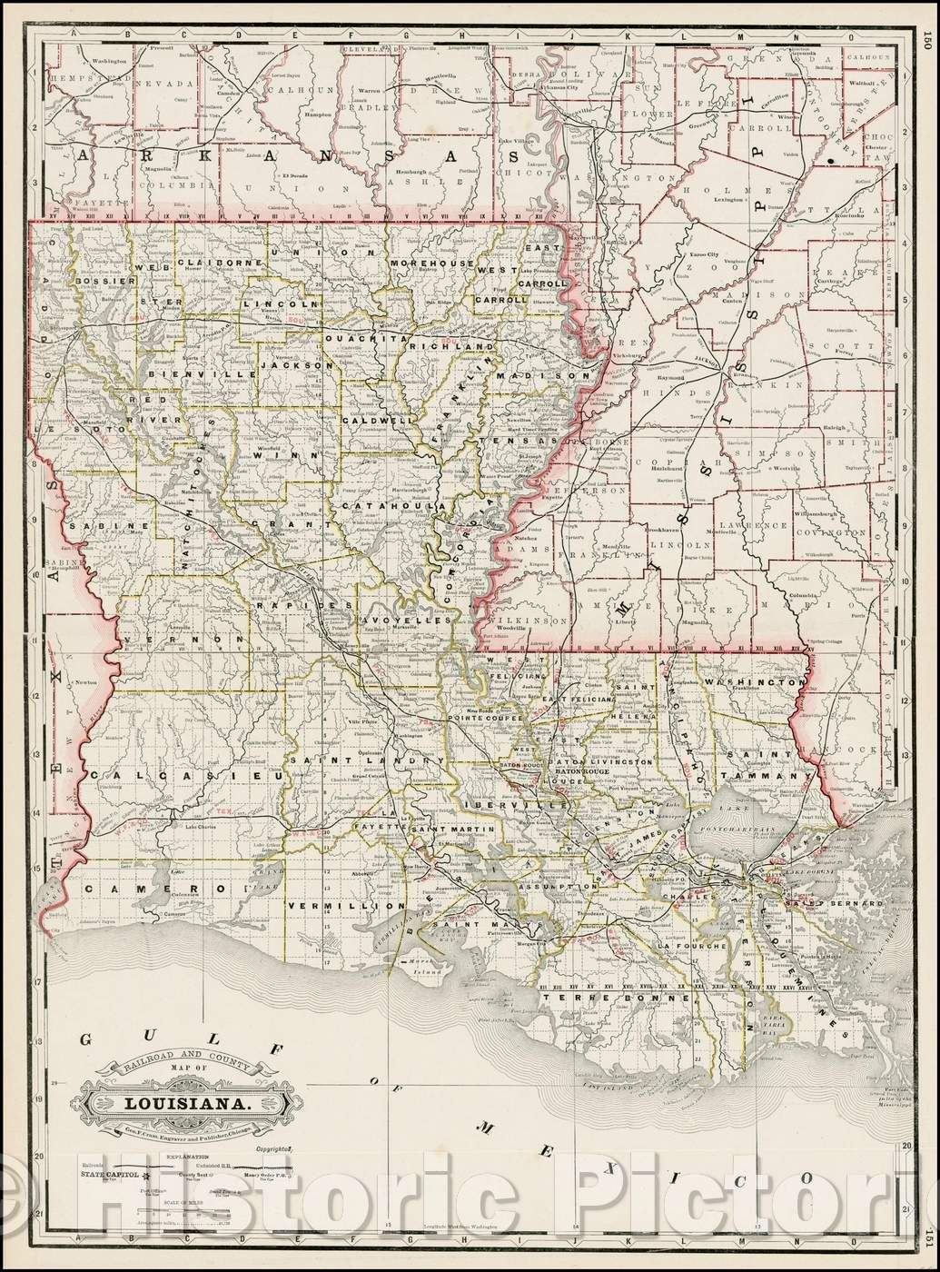 Historic Map - Railroad and County Map of Louisiana, 1887, George F. Cram - Vintage Wall Art