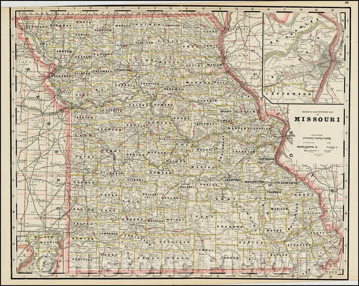 Historic Map - Railroad and County Map of Missouri, 1887, George F. Cram - Vintage Wall Art