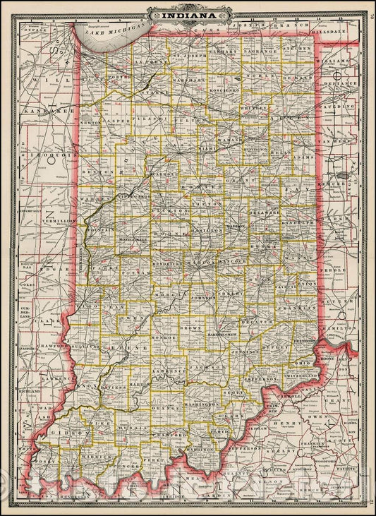 Historic Map - Indiana, 1887, George F. Cram - Vintage Wall Art
