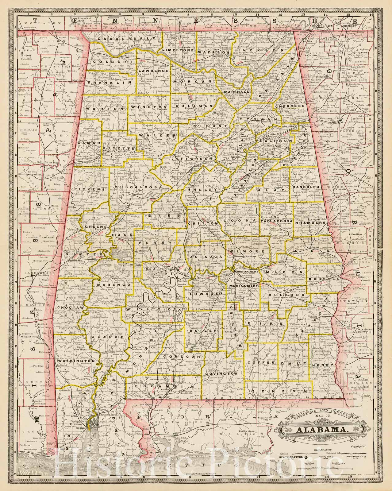 Alabama - Railroad and County Map, 1887 | Historical Map Print