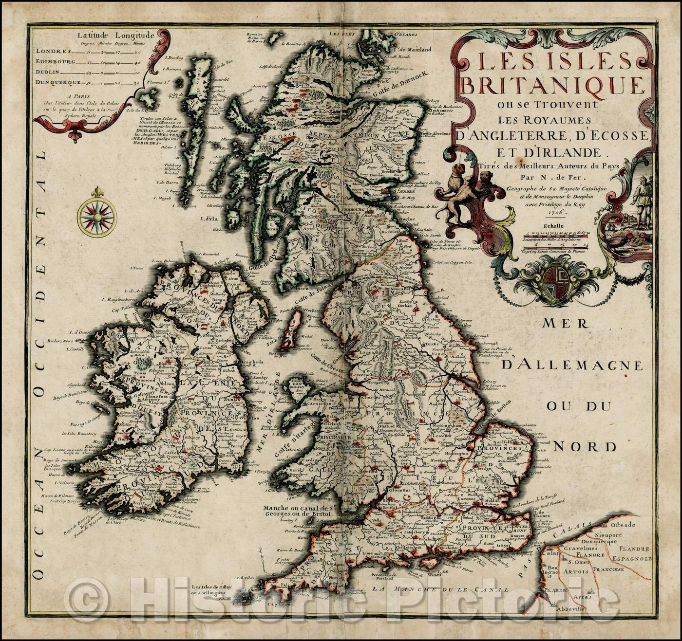 Historic Map - Les Isles Britanique ou se Trouvent Les Royaumes D'Angleterre, D'Ecoss, Et D'Irlande/Map of the British Isles from De Fer, 1706 - Vintage Wall Art