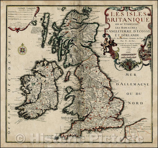 Historic Map - Les Isles Britanique ou se Trouvent Les Royaumes D'Angleterre, D'Ecoss, Et D'Irlande/Map of the British Isles from De Fer, 1706 - Vintage Wall Art
