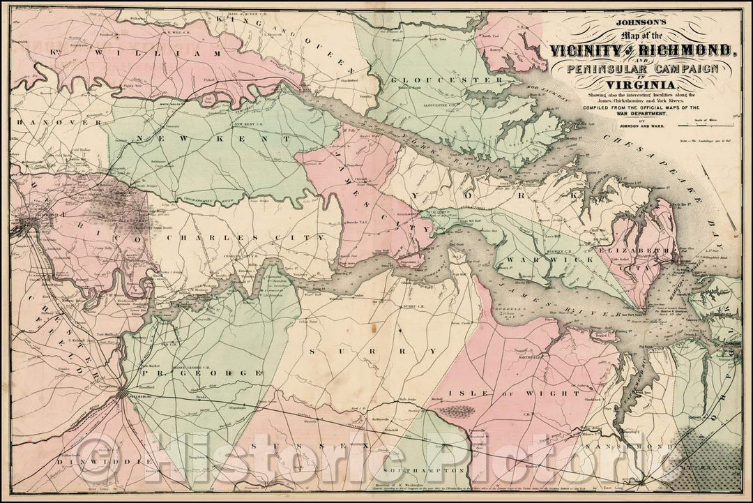 Historic Map - Johnson's Map of the Vicinity of Richmond, Peninsular Campaign in Virginia, 1862, Benjamin Ward v1