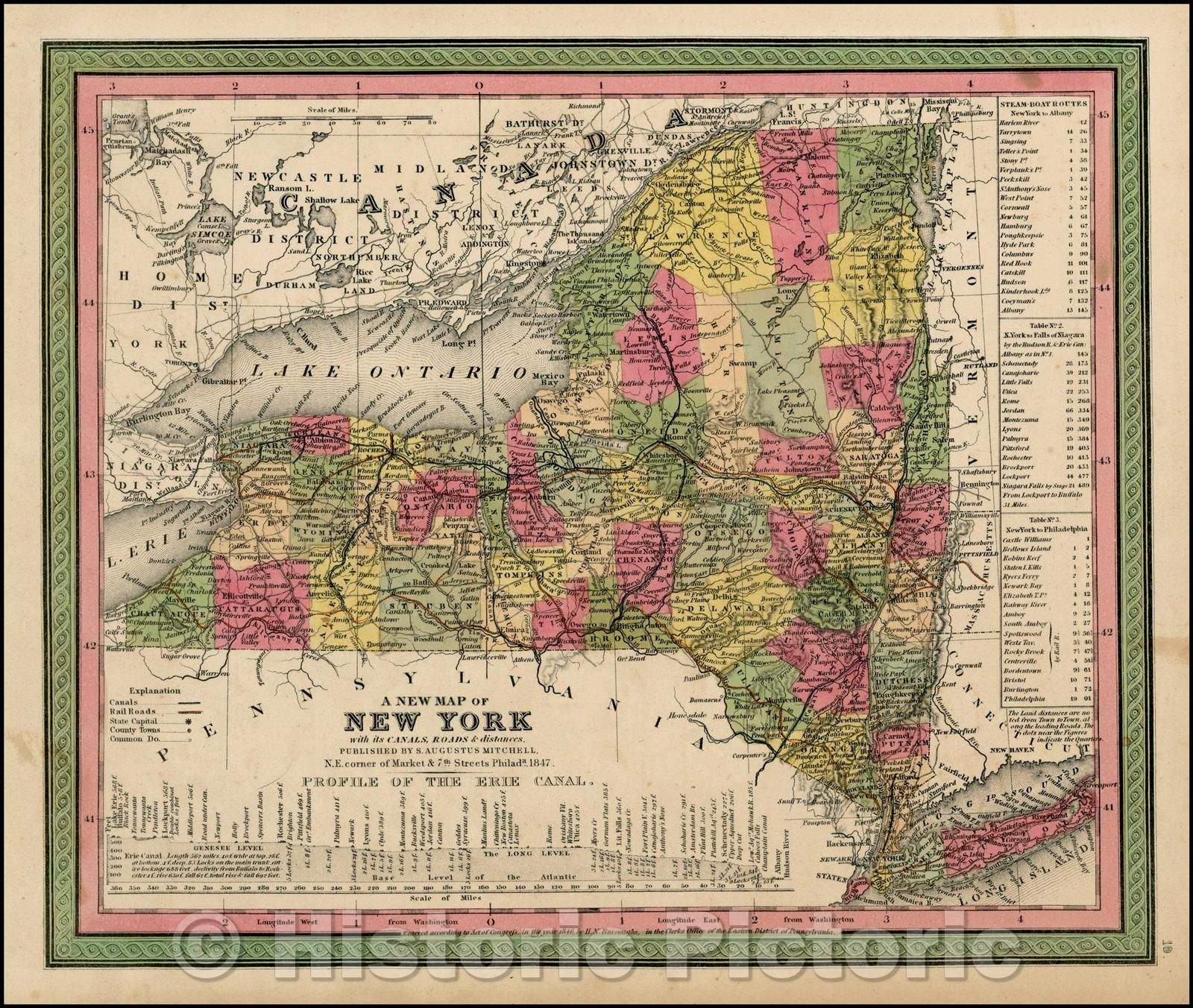 Historic Map - New York with its Canals, Roads & Distances, 1847, Samuel Augustus Mitchell - Vintage Wall Art