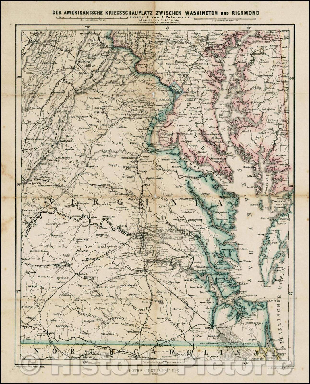 Historic Map - Dr. Petermann's Karte Des Amerikanischen Kriegsschauplatzes :: Pocket Seat of War in Virginia and Maryland, Richmond and Roanoake Railroad, 1862 - Vintage Wall Art
