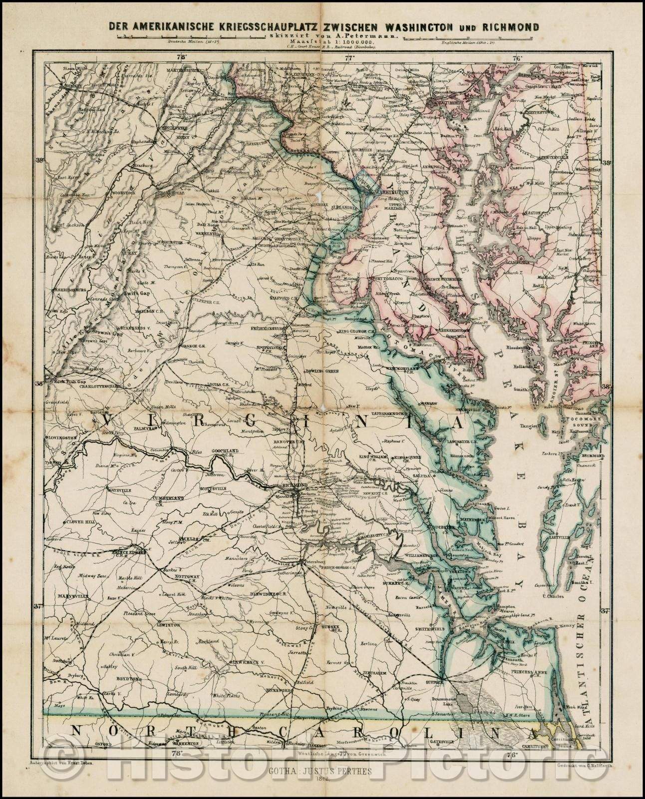 Historic Map - Dr. Petermann's Karte Des Amerikanischen Kriegsschauplatzes :: Pocket Seat of War in Virginia and Maryland, Richmond and Roanoake Railroad, 1862 - Vintage Wall Art
