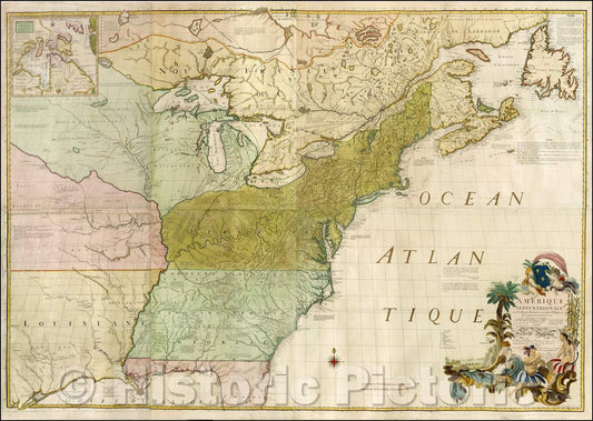 Historic Map - Amerique Septentrionale avec les Routes, Distances en miles, Villages et Etablissements, 1755 - Vintage Wall Art