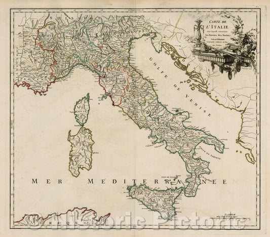 Historic Map - Carte De L'Italie dans laquelle sont tracees les Routes de Postes, 1752, Didier Robert de Vaugondy - Vintage Wall Art