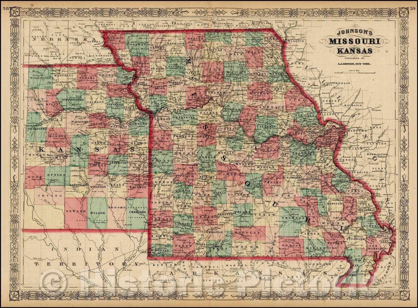 Historic Map - Johnson's Missouri and Kansas, 1865, Alvin Jewett Johnson - Vintage Wall Art