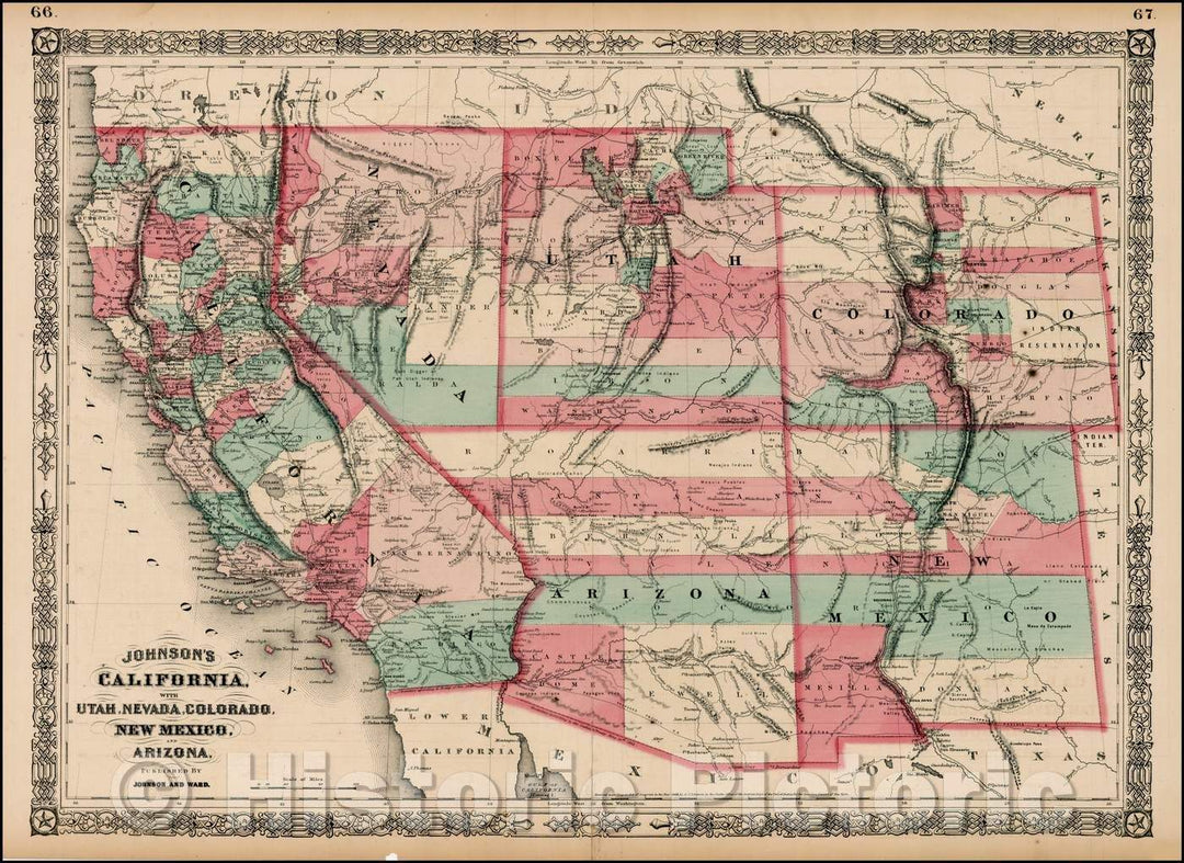 Historic Map - Johnson's California, with Territories of Utah, Nevada, Colorado, New Mexico and Arizona, 1863, Benjamin Ward - Vintage Wall Art