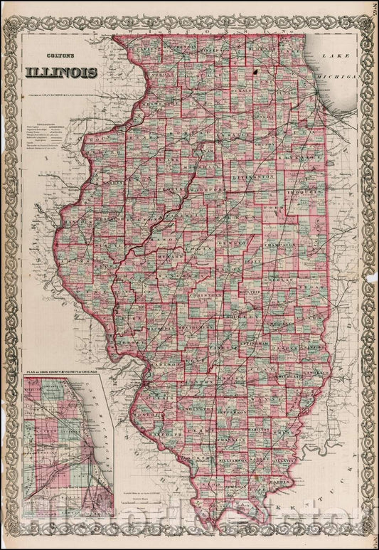 Historic Map - Colton's Illinois, 1867, G.W. & C.B. Colton - Vintage Wall Art