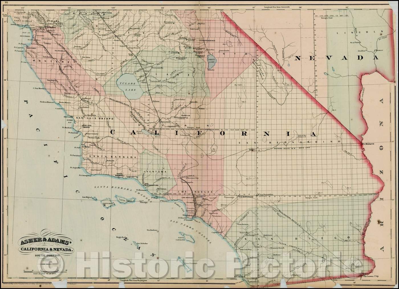 Historic Map - Asher & Adams' California & Nevada, South Portion, 1872, Asher - Vintage Wall Art