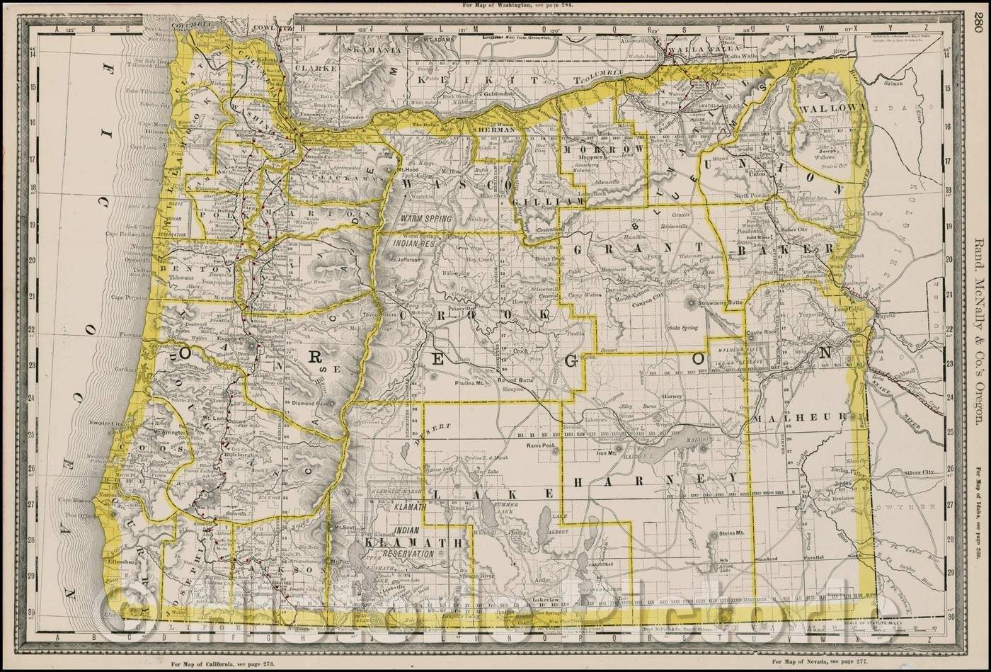 Historic Map - Rand McNally & Co.'s Oregon, 1889, William Rand - Vintage Wall Art
