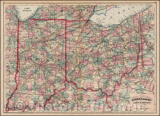 Historic Map - Asher & Adams' Ohio & Indiana, 1872, Asher - Vintage Wall Art