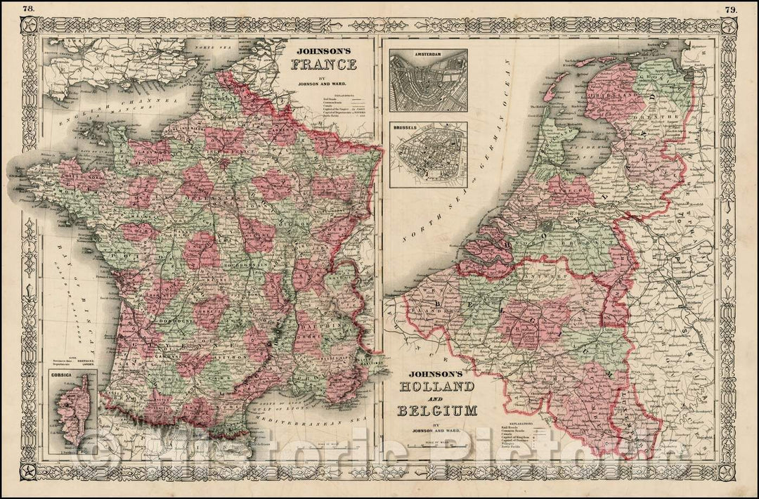 Historic Map - Johnson's France [and] Johnson's Holland and Belgium, 1865, Benjamin Ward - Vintage Wall Art