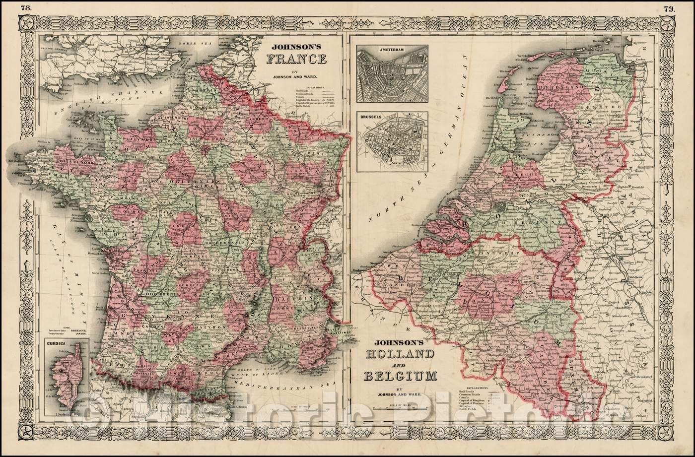 Historic Map - Johnson's France [and] Johnson's Holland and Belgium, 1865, Benjamin Ward - Vintage Wall Art