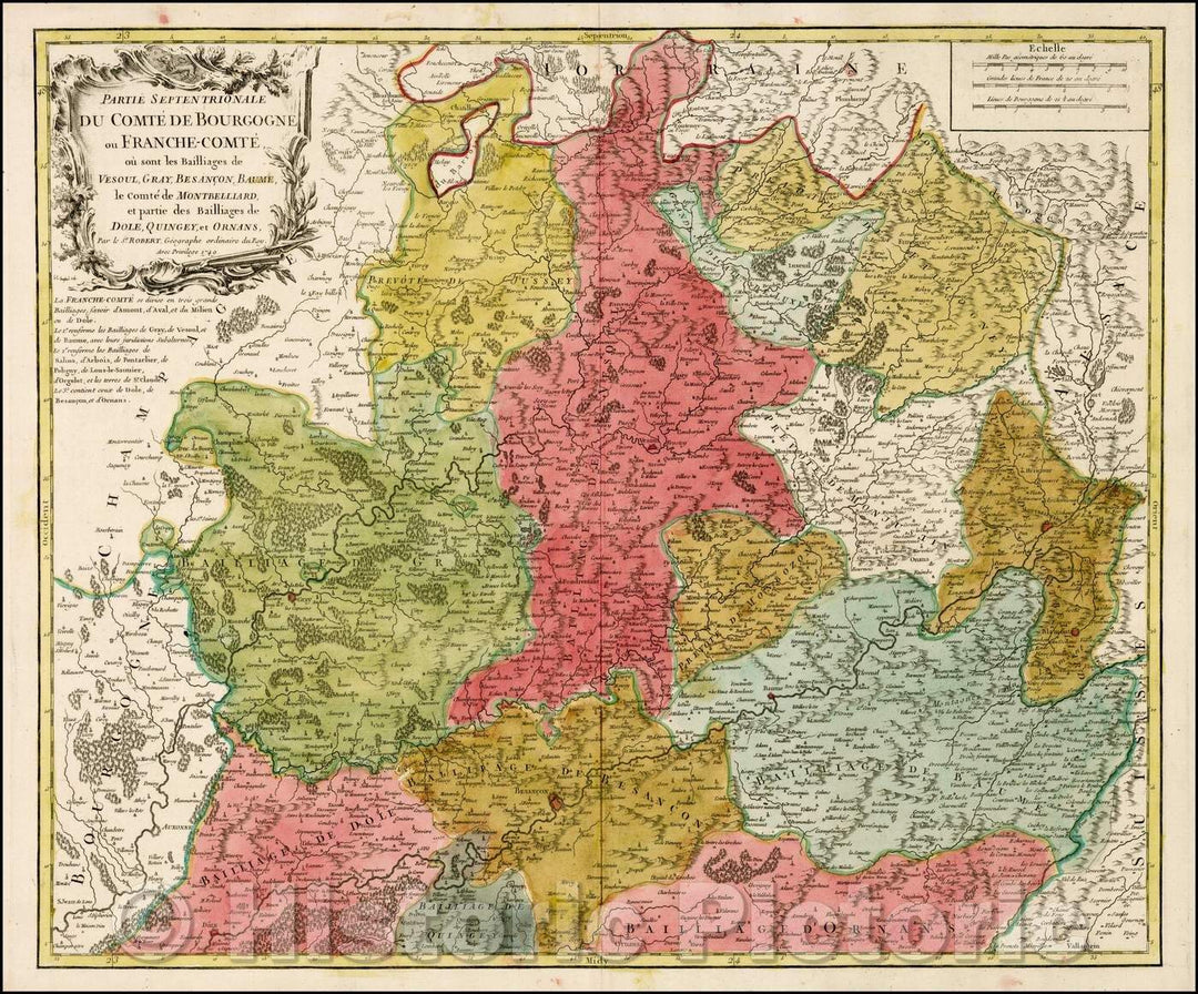 Historic Map - France, Partie Septentrionale Du Comte De Bourgogne ou Franche-Comte ou sont les Bailliages de Vesoul, Gray, Besancon, Baume, 1749 v1