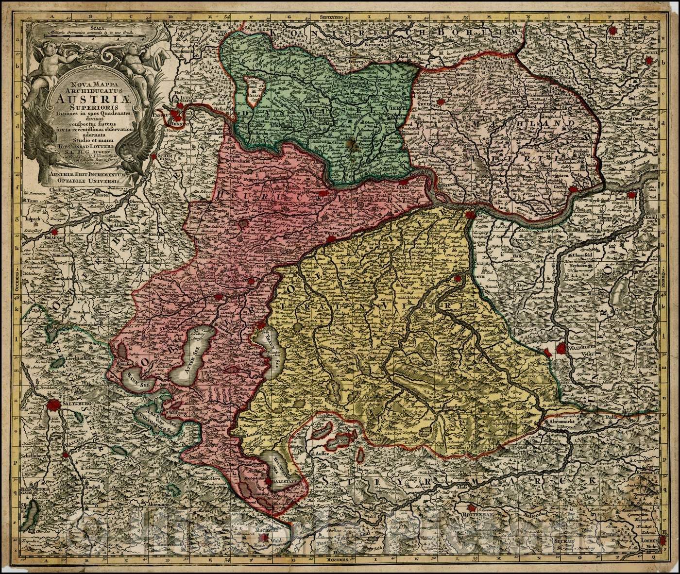 Historic Map - Nova Mappa Archiducatus Austriae Superioris Ditiones in suos Quadrantes di, 1760 - Vintage Wall Art