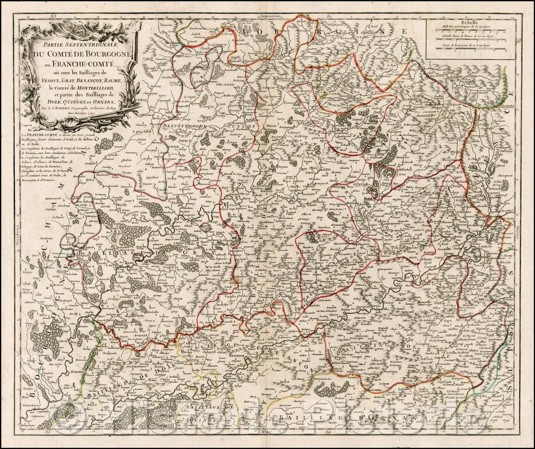 Historic Map - France, Partie Septentrionale Du Comte De Bourgogne ou Franche-Comte ou sont les Bailliages de Vesoul, Gray, Besancon, Baume, 1749 v2