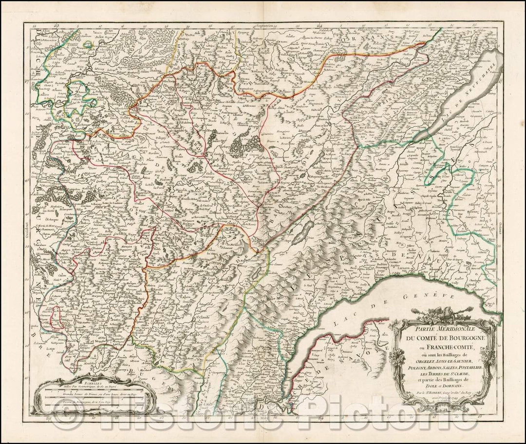 Historic Map - Partie Meridionale Du Comte De Bourgogne ou Franche-Comte ou sont les Bail, 1749 - Vintage Wall Art