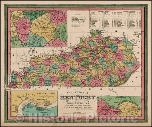 Historic Map - Kentucky with its Canals, Roads, Distances from Place to Place, along the Stage & Steam Boat Routes, 1844, Henry Schenk Tanner - Vintage Wall Art