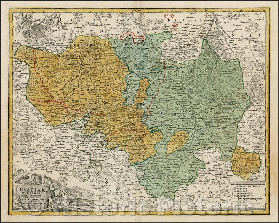 Historic Map - Lusatiae Superioris Tabula Chorograp :: Lausitz, Budissin, Lobau, Gorlitz and the Neisse River, east of Dresden, 1732 - Vintage Wall Art