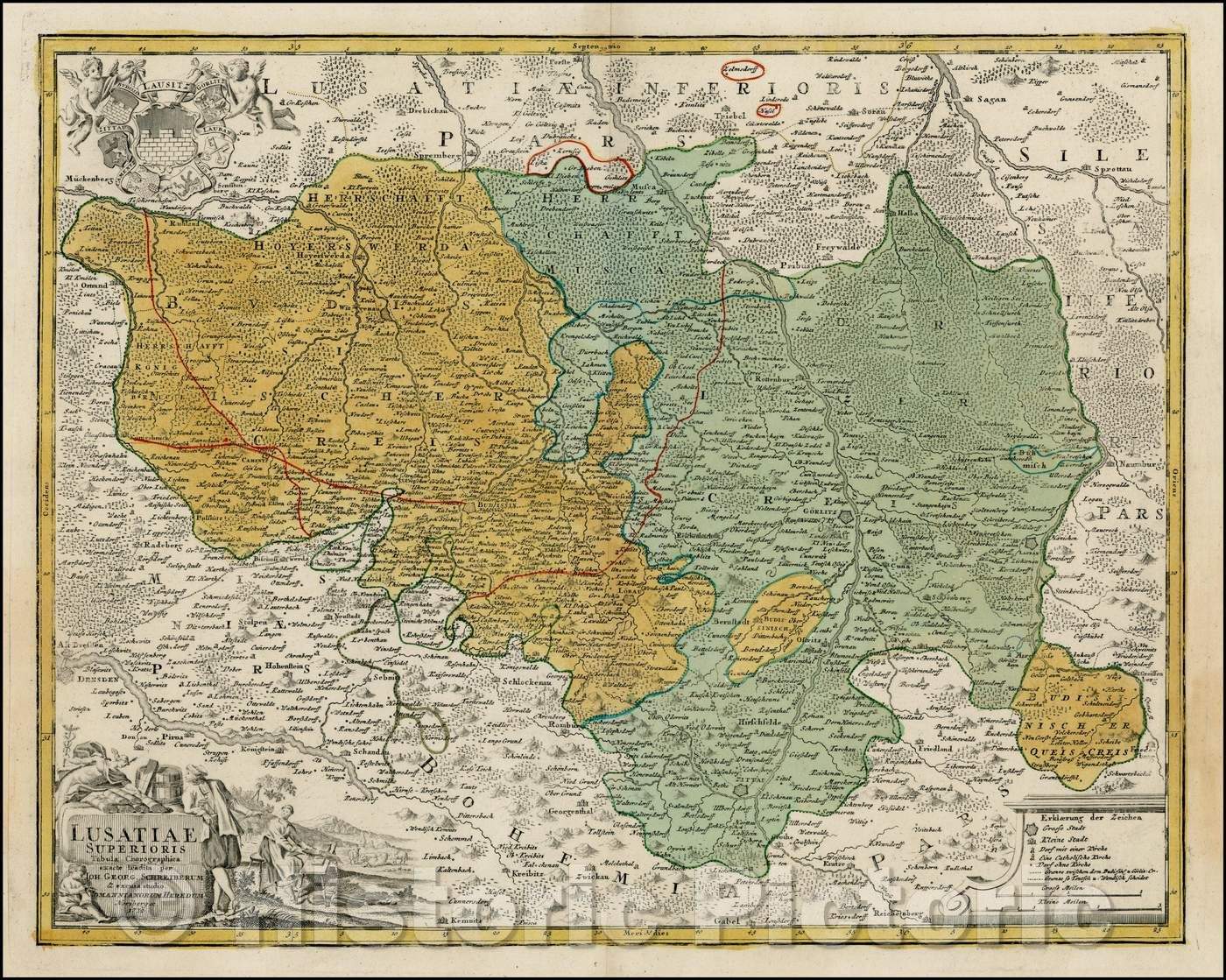 Historic Map - Lusatiae Superioris Tabula Chorograp :: Lausitz, Budissin, Lobau, Gorlitz and the Neisse River, east of Dresden, 1732 - Vintage Wall Art