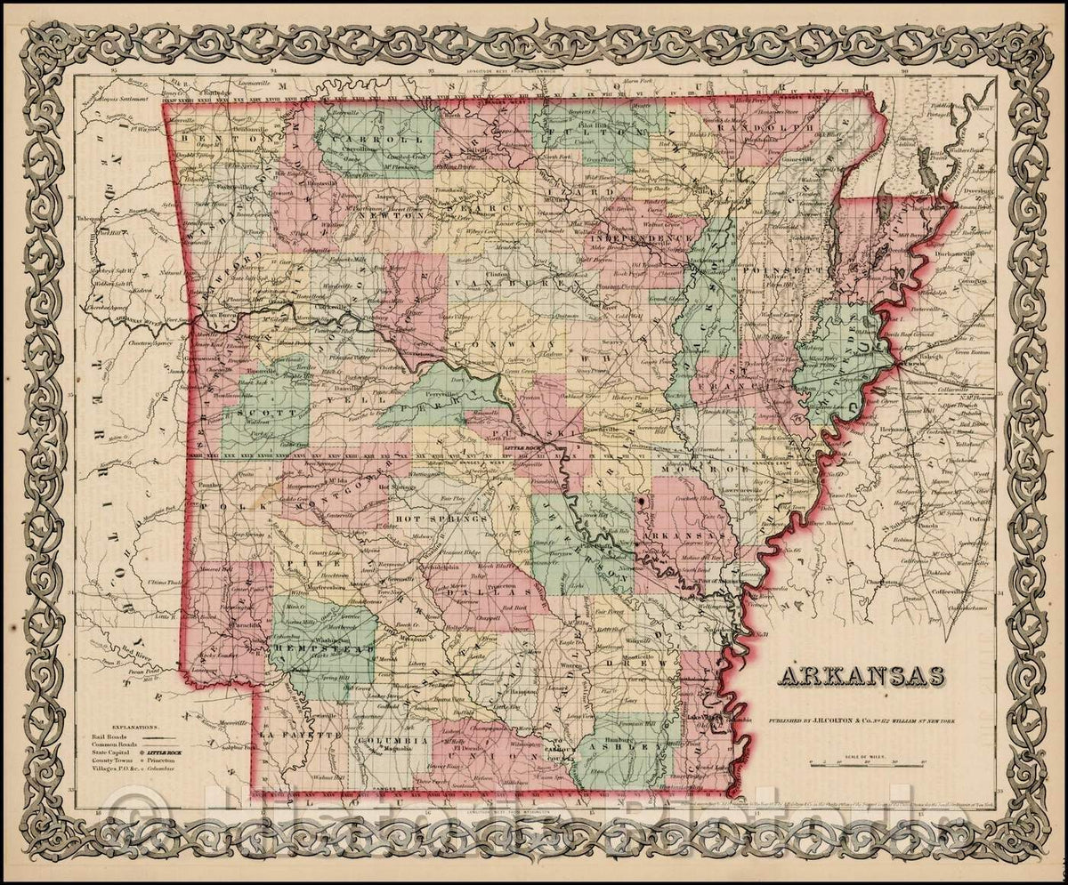 Historic Map - Arkansas, 1855, Joseph Hutchins Colton - Vintage Wall Art