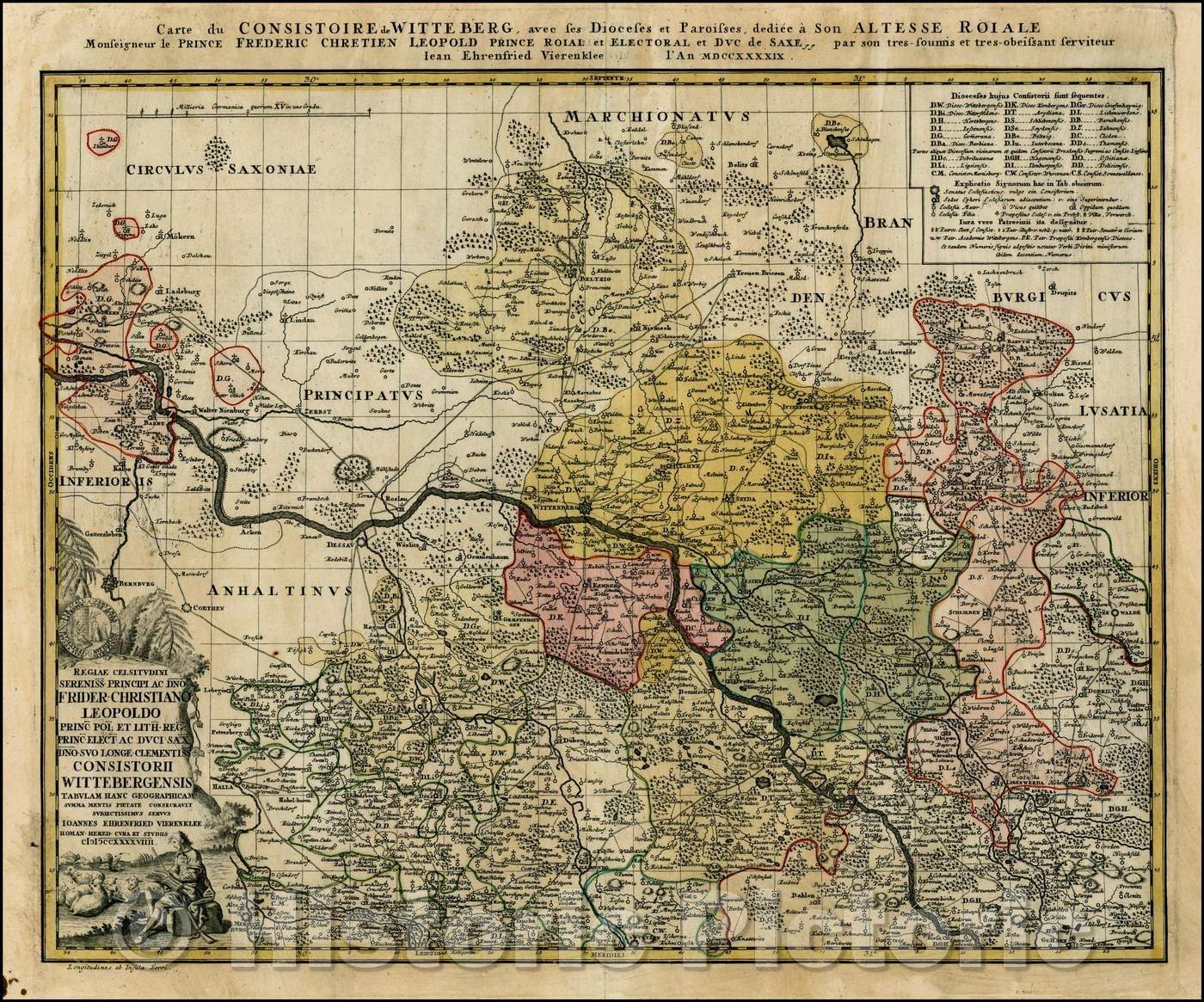 Historic Map - Regiae Celsitudini Sereniss Principi Ac Dno Frider Christiano Leopolo Princ Pol et Lith/Wittenberg and dissected by the Elbe River, 1749 - Vintage Wall Art